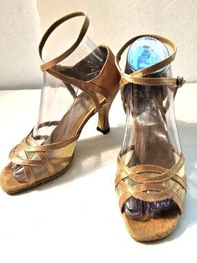 Very Fine Ballroom Dance Heels Size 7.5 Copper Tan Satin Mesh X Ankle Strap